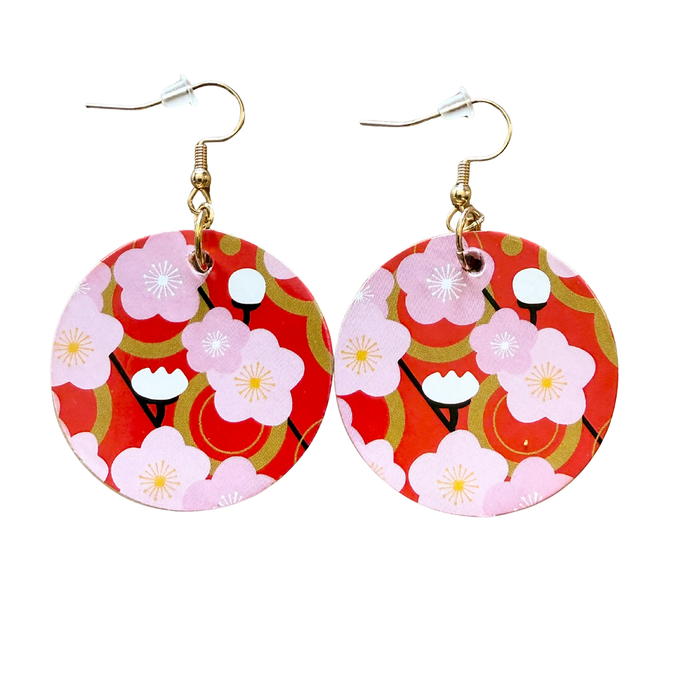 Thumbnail: Wood Disc Drop Earrings – Pink & Red Floral