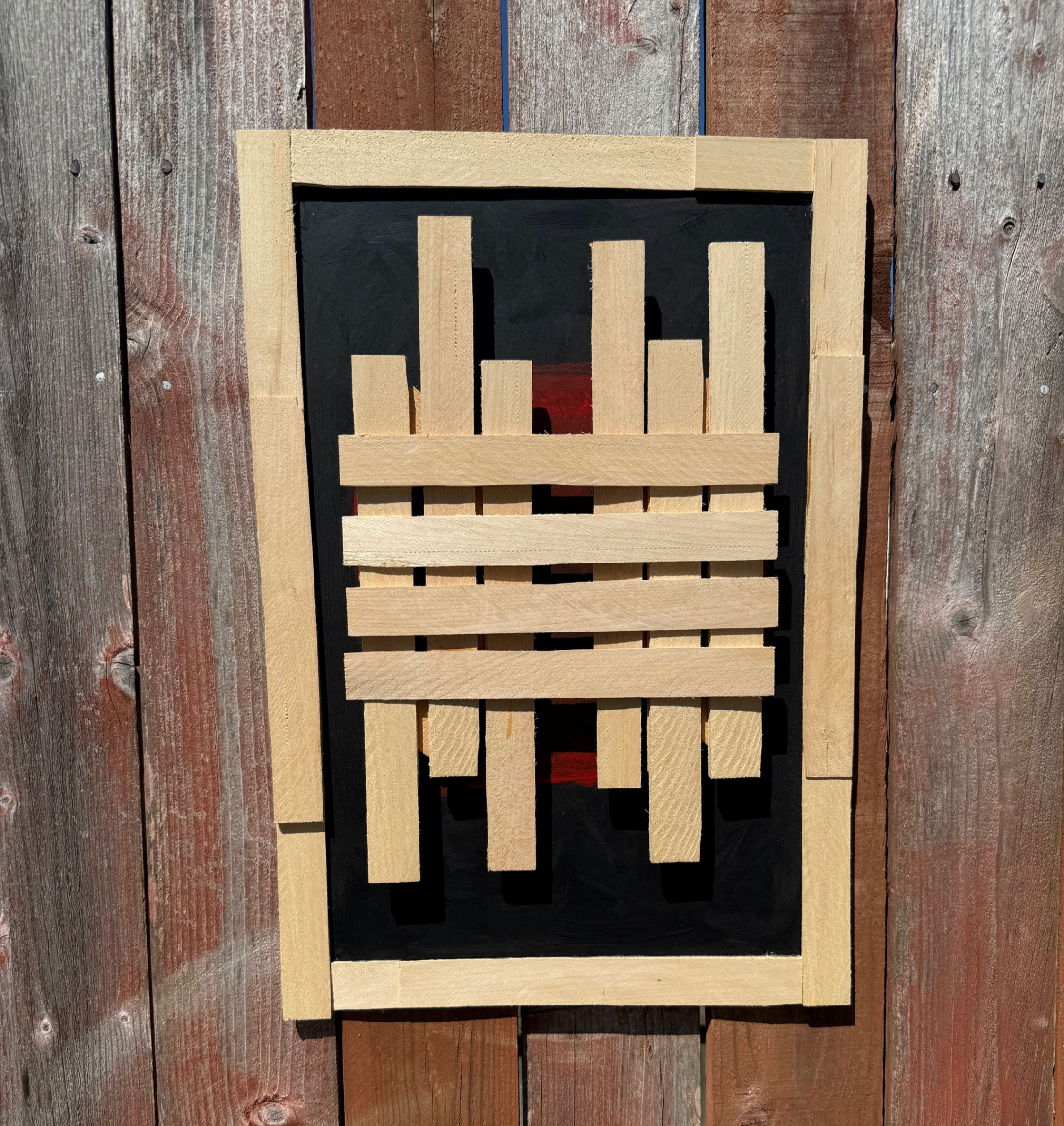 Reclaimed Wood Wall Art Panel | Black & Natural Wood Geometric Slat Design