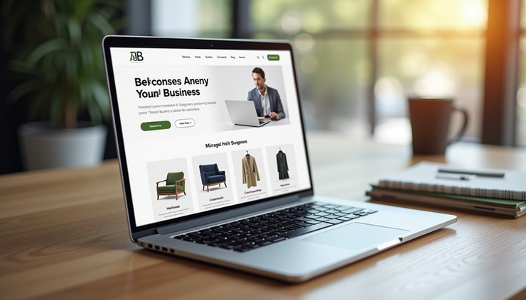 Eye-level view of a modern laptop displaying a clean business homepage