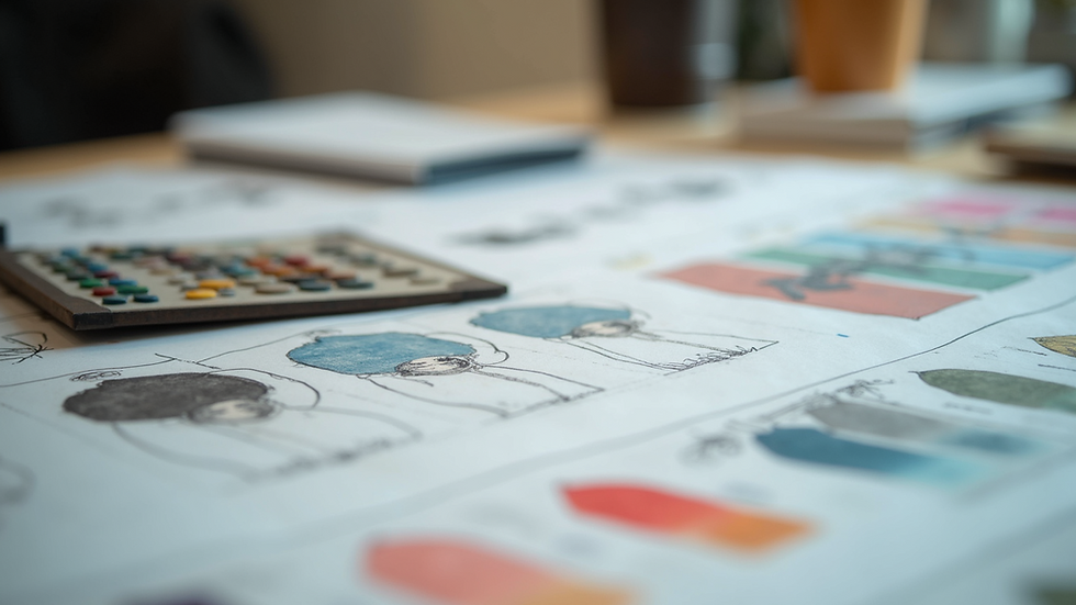 Close-up view of a designer’s desk with sketches and color swatches