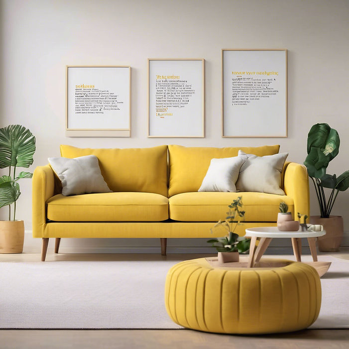 yellow couch with 4 white pillows with light gray background and positive affirmations on ...ll .jpg