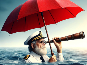 Man sinking while holding umbrella