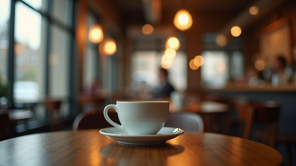 Eye-level view of a cozy coffee shop setting