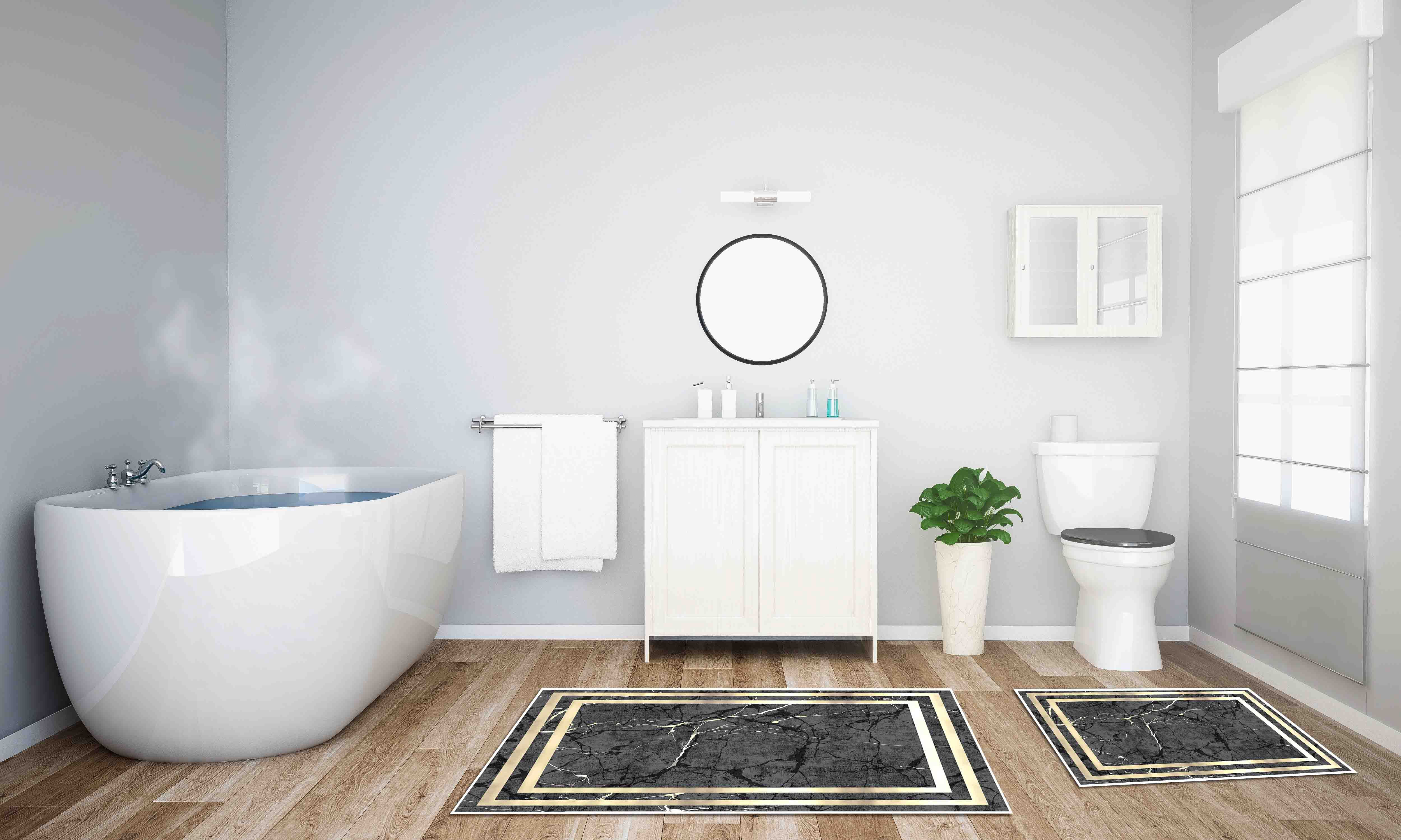 Digital Printed Marble Pattern Non-Slip Base Rectangular 2-Piece Bathroom Mat