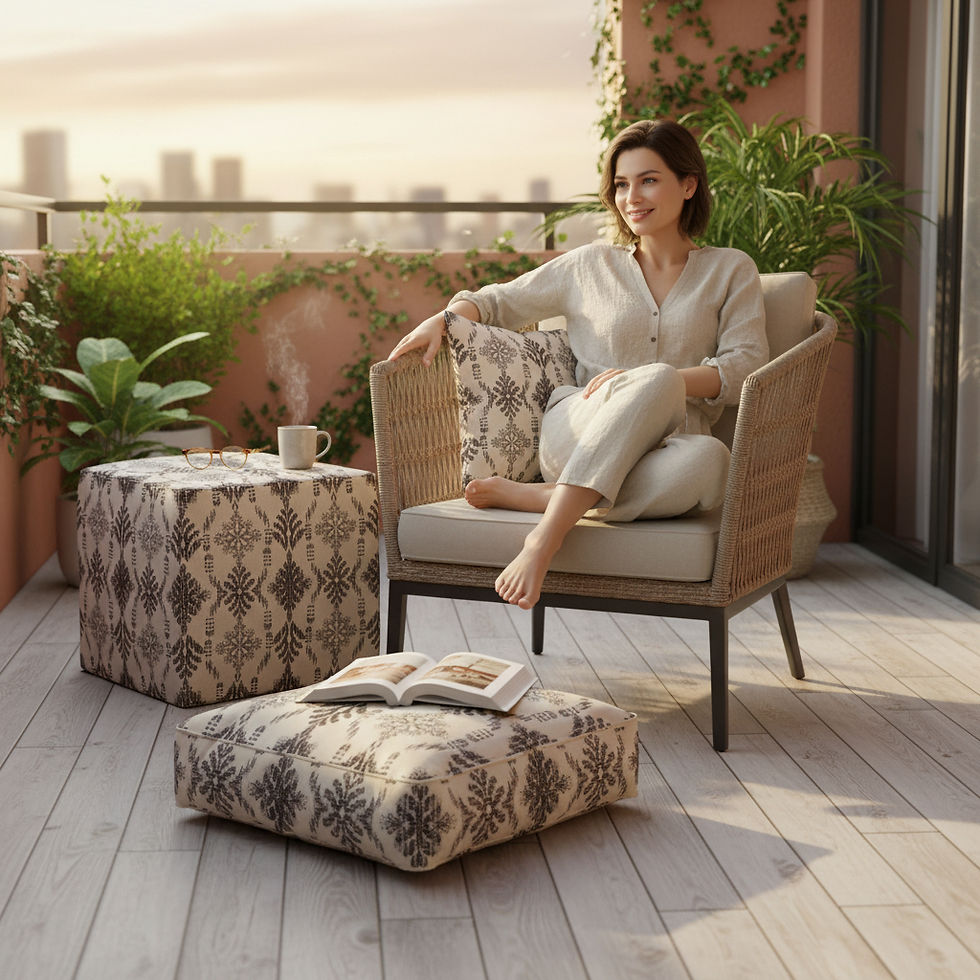 Thumbnail: Efes Upholstery Chenille Fabric Digital Print Pouf Cushion Pillow 3-Piece Set