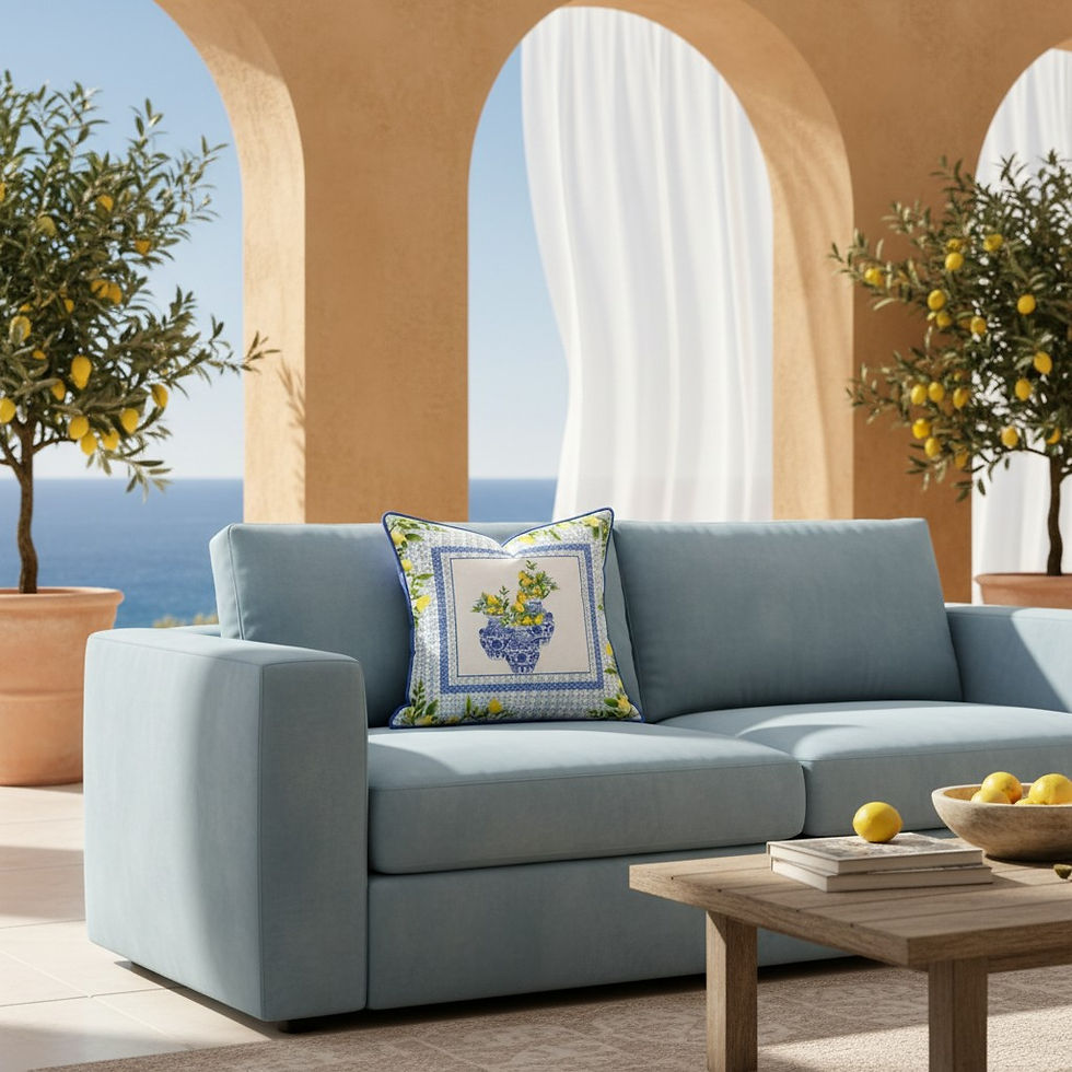 Thumbnail: Blue Vase with Lemon Pattern Piped Square Cushion Cover – Digital Print