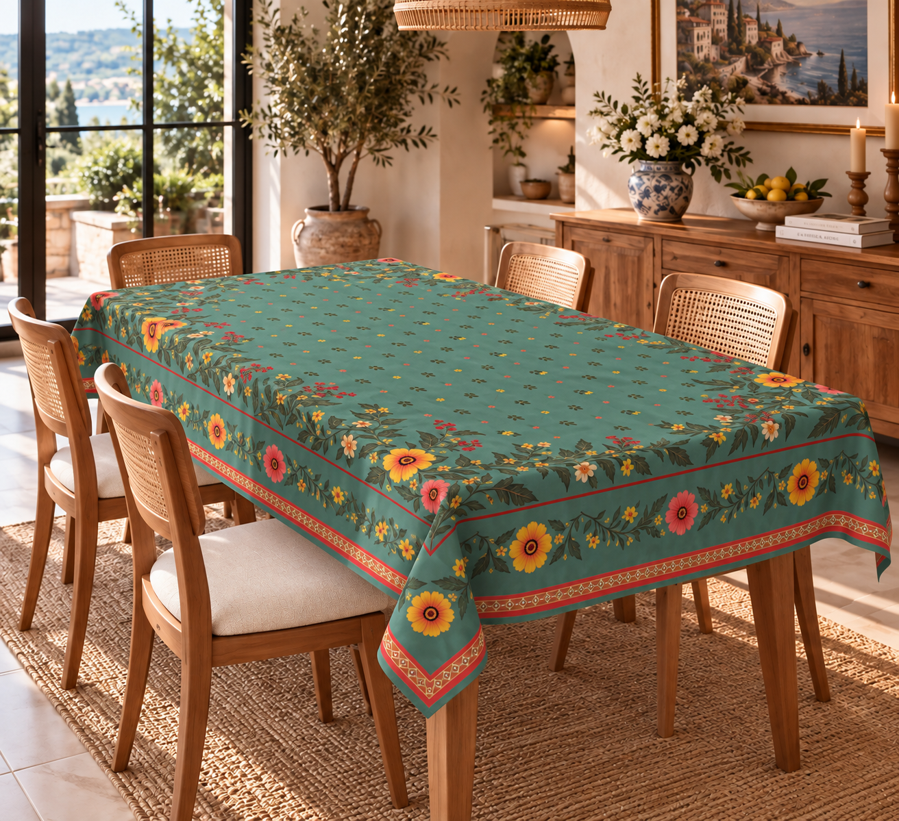 Green Country Garden Floral Pattern Honeycomb Fabric Rectangular Tablecloth