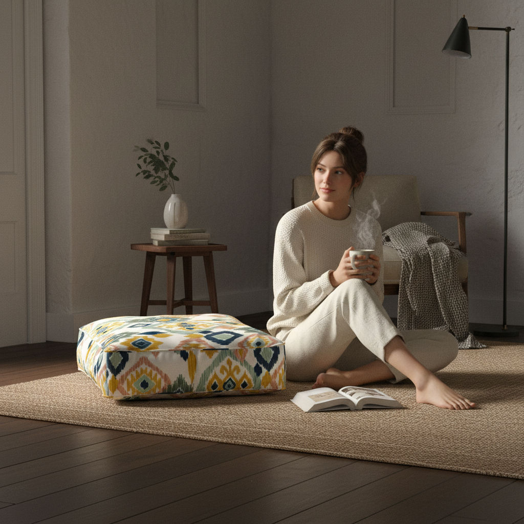 Etnik Upholstery Chenille Fabric Digital Print Square Floor Cushion Cover