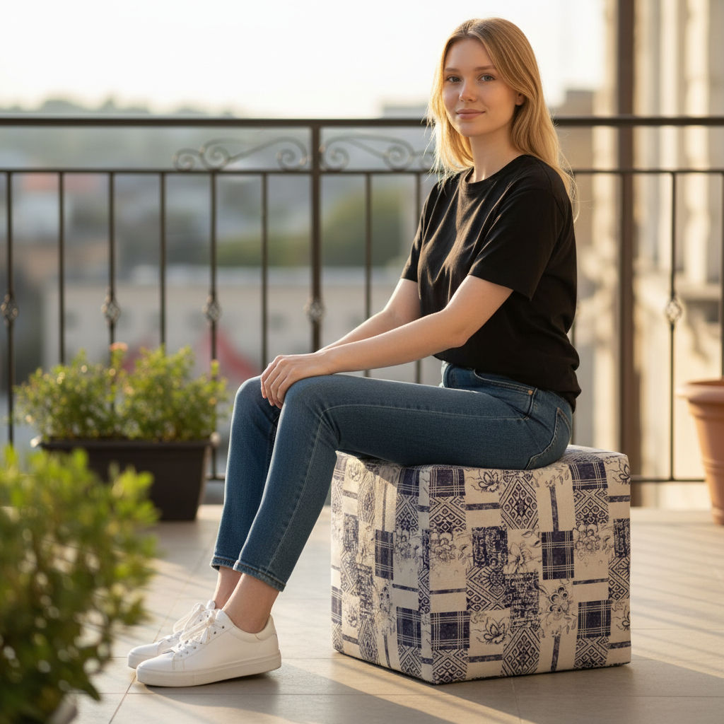 Blue Döşemelik Şönil Kumaş Dijital Baskı Kare Puf