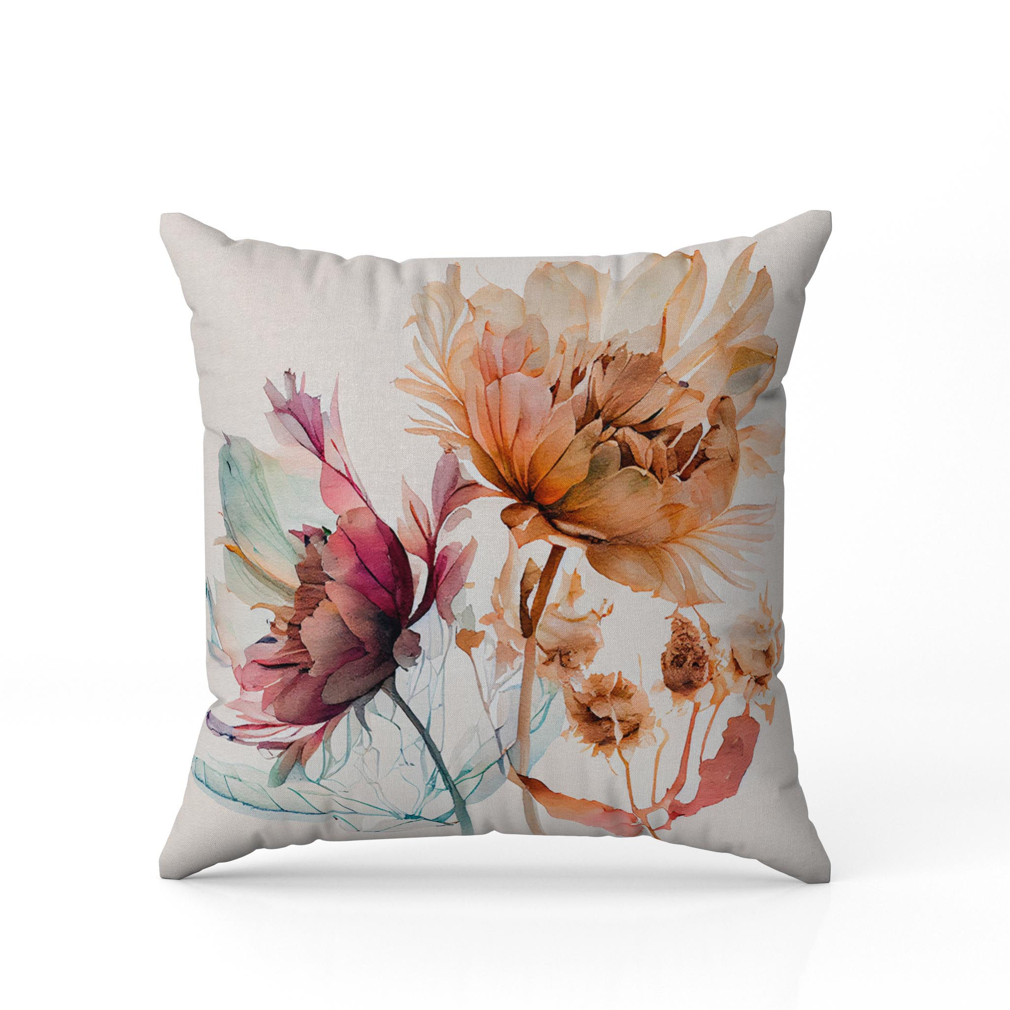 Dijital Baskı Sulu Boya Çiçek Desen Kare Kırlent Yastık Kılıfı