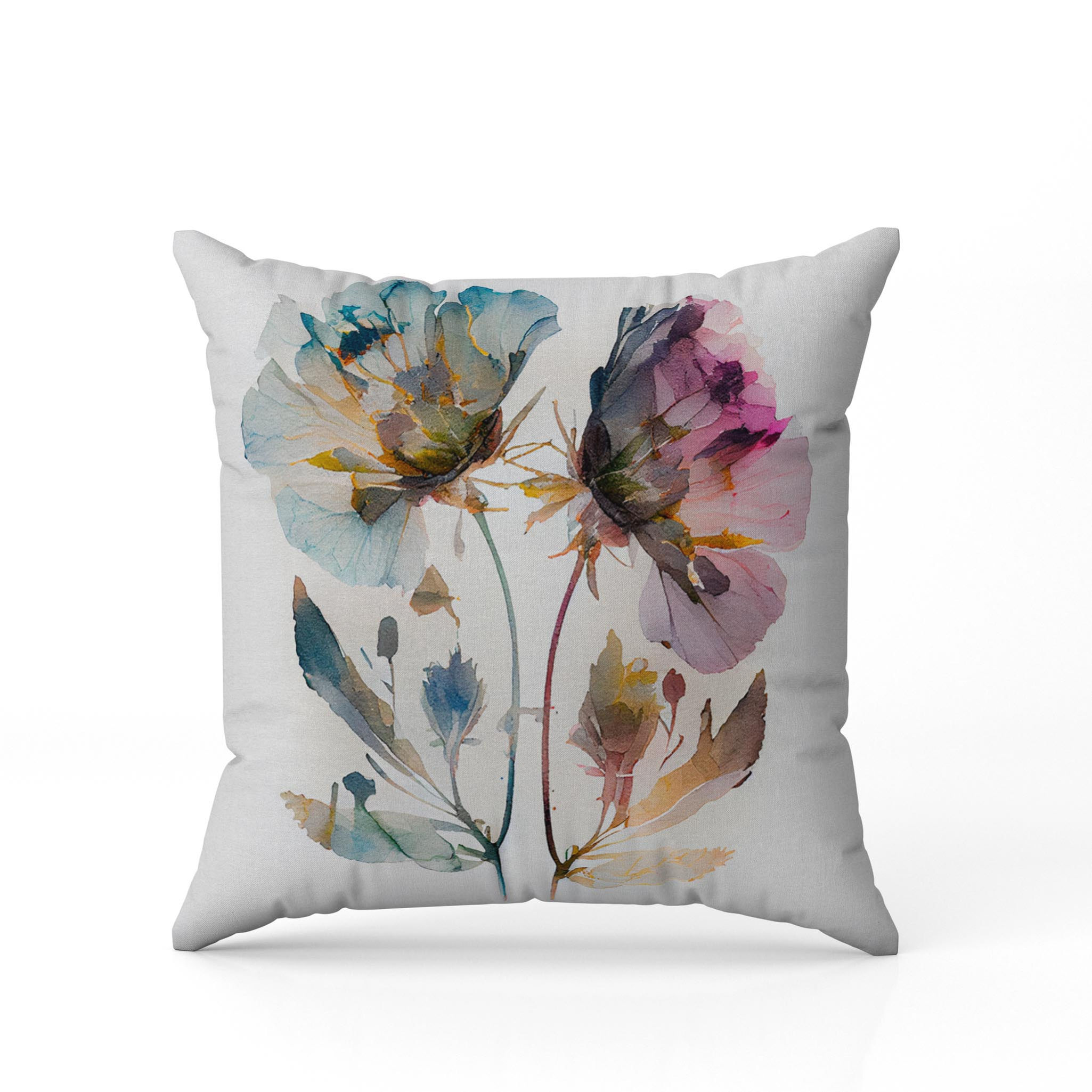 Dijital Baskı Sulu Boya Çiçek Desen Kare Kırlent Yastık Kılıfı