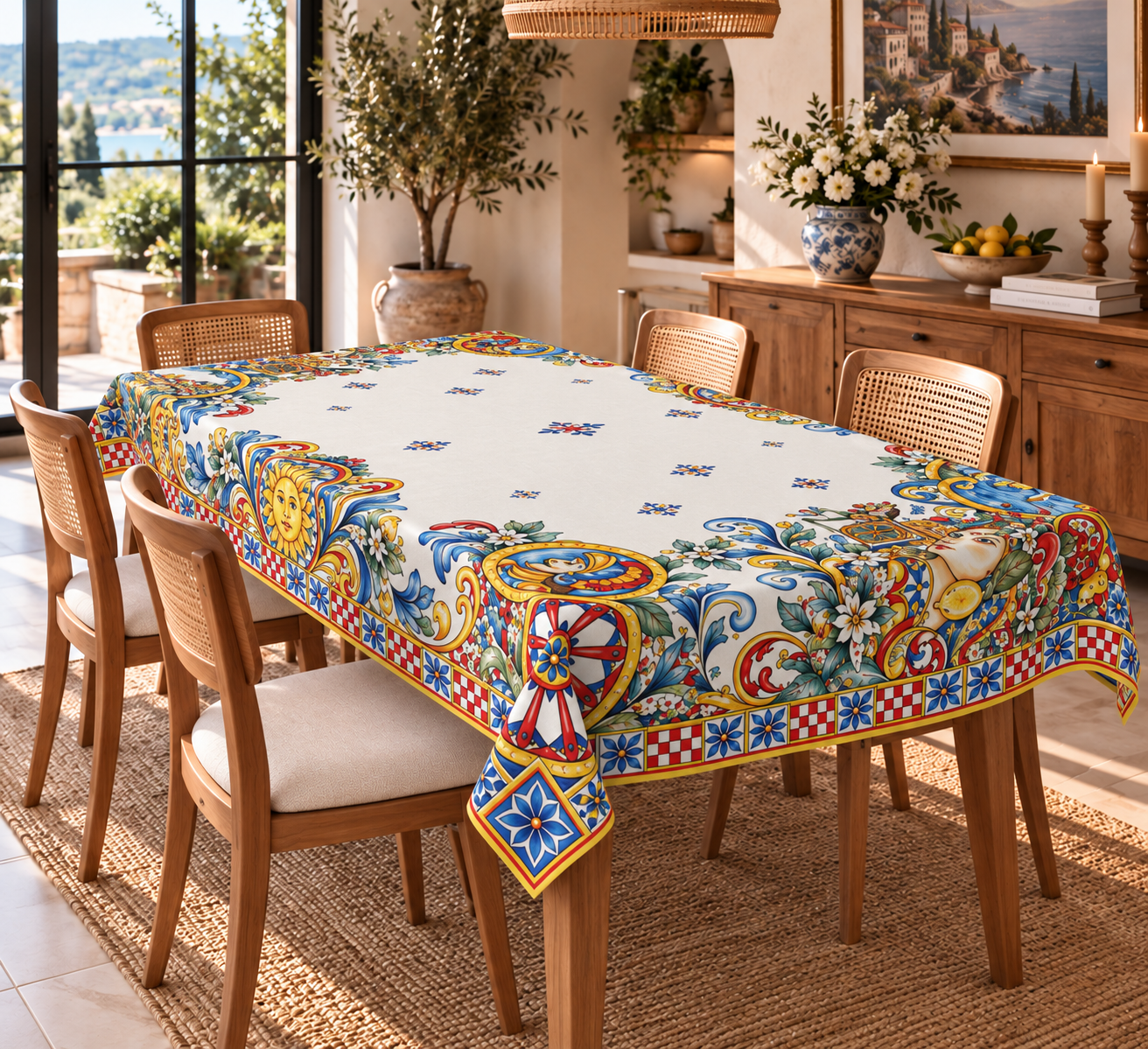 Rectangular Tablecloth with Sicilian Sun Pattern Honeycomb Fabric
