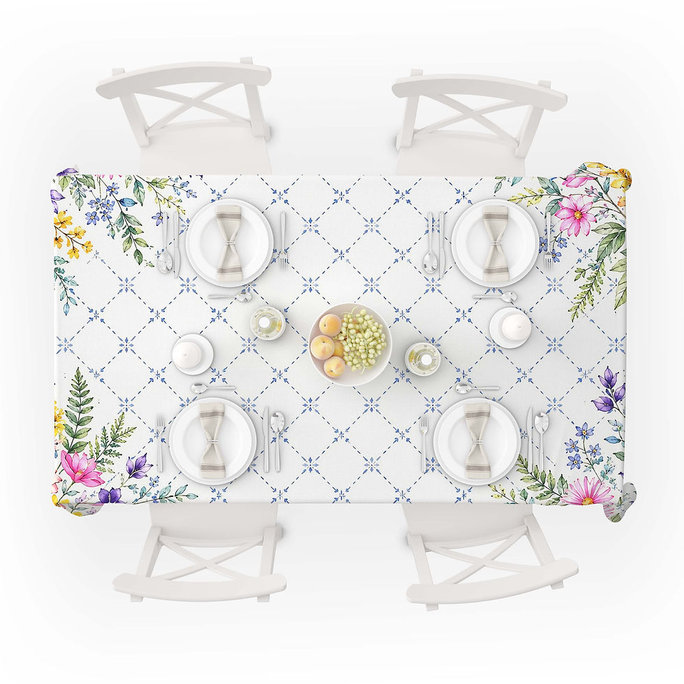 Thumbnail: Blue Tile Garden Floral Pattern Honeycomb Fabric Rectangular Tablecloth