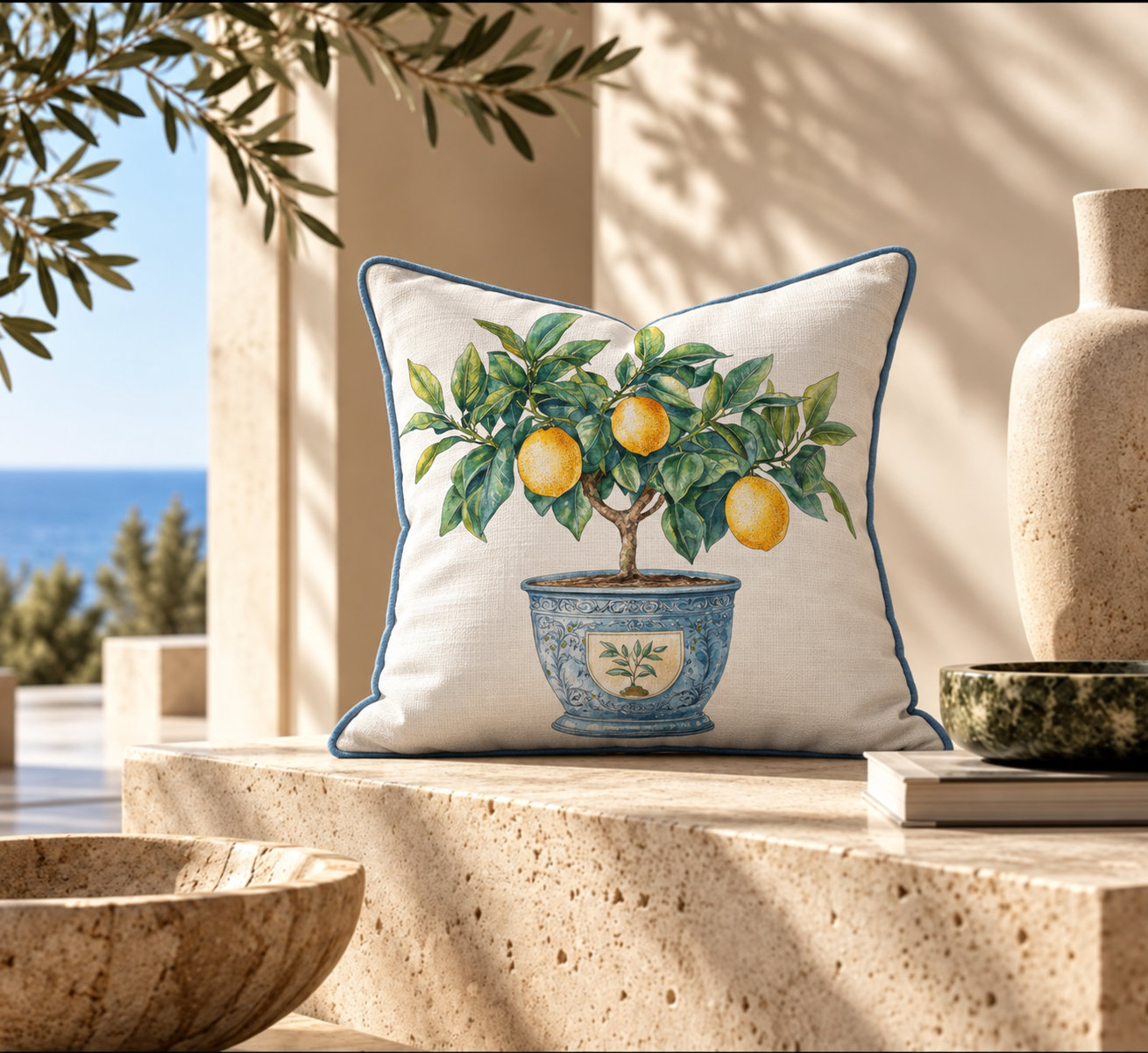 Lemon Tree Pattern Piped Square Cushion Cover – Digital Print