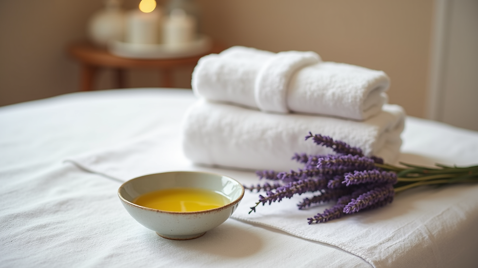 Close-up view of a massage table with soft white towels and a small bowl of lavender oil
