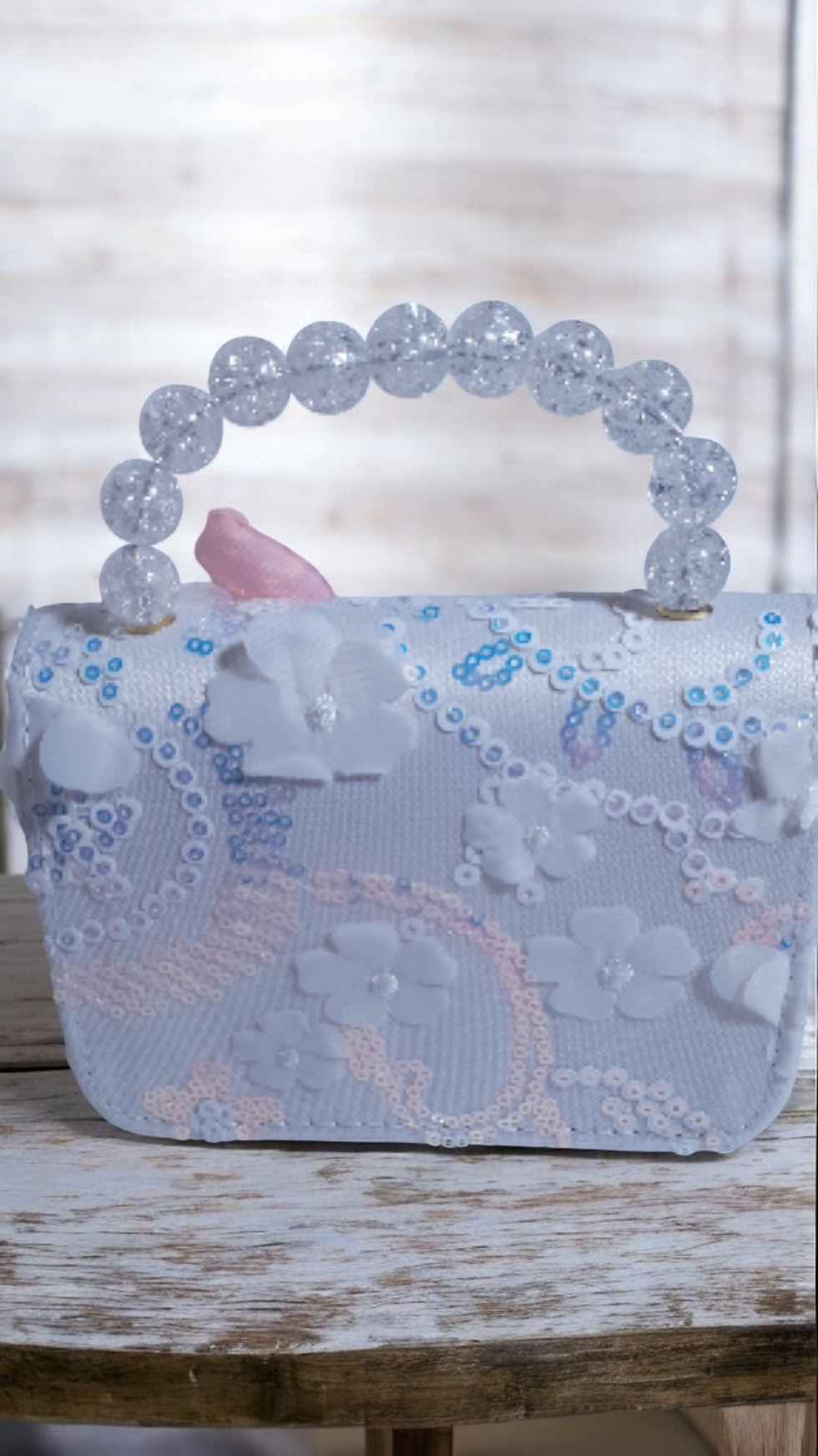 Thumbnail: Girls' White Sequin Handbag with Golden Chain Strap