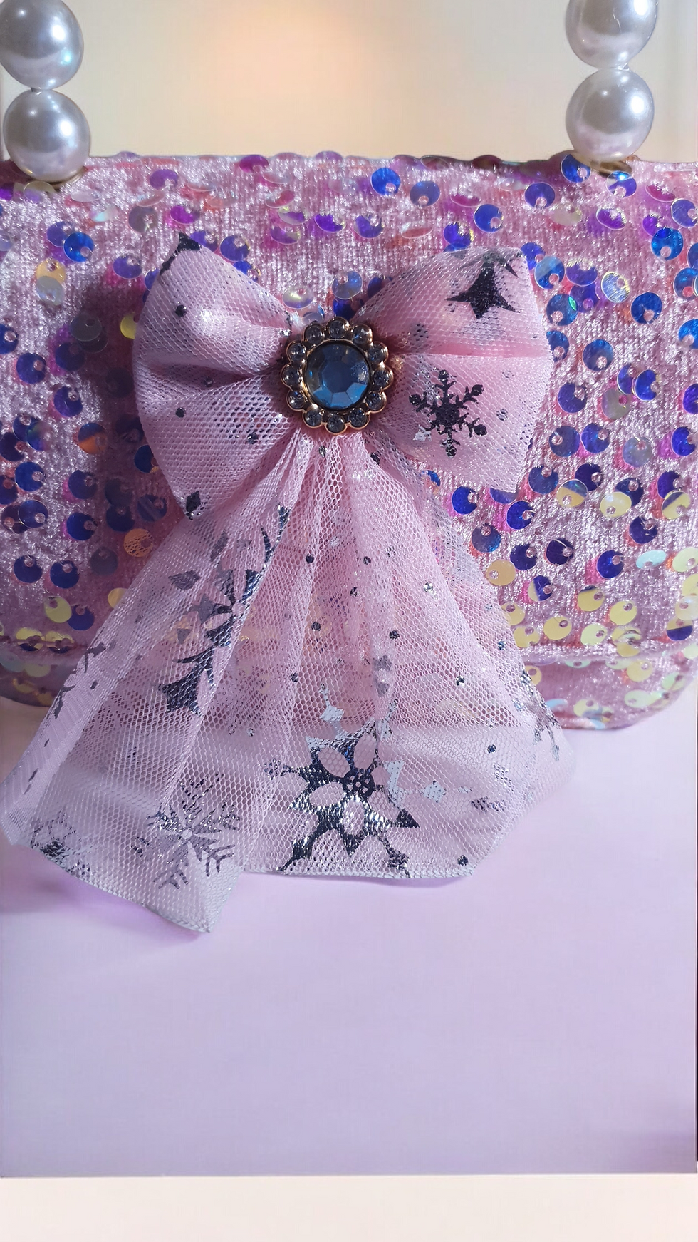 Thumbnail: Sparkling Sequin & Pearl Handbag with Mesh Bow & Chain Strap