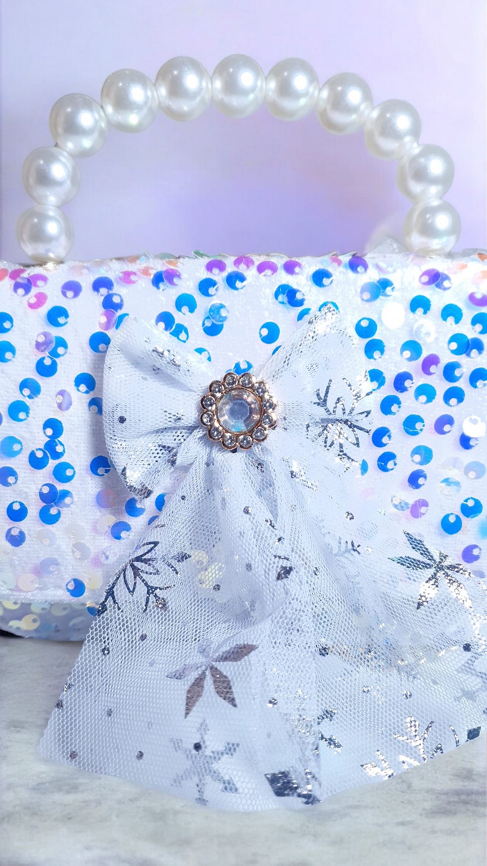 Thumbnail: Sparkling Sequin & Pearl Handbag with Mesh Bow & Chain Strap