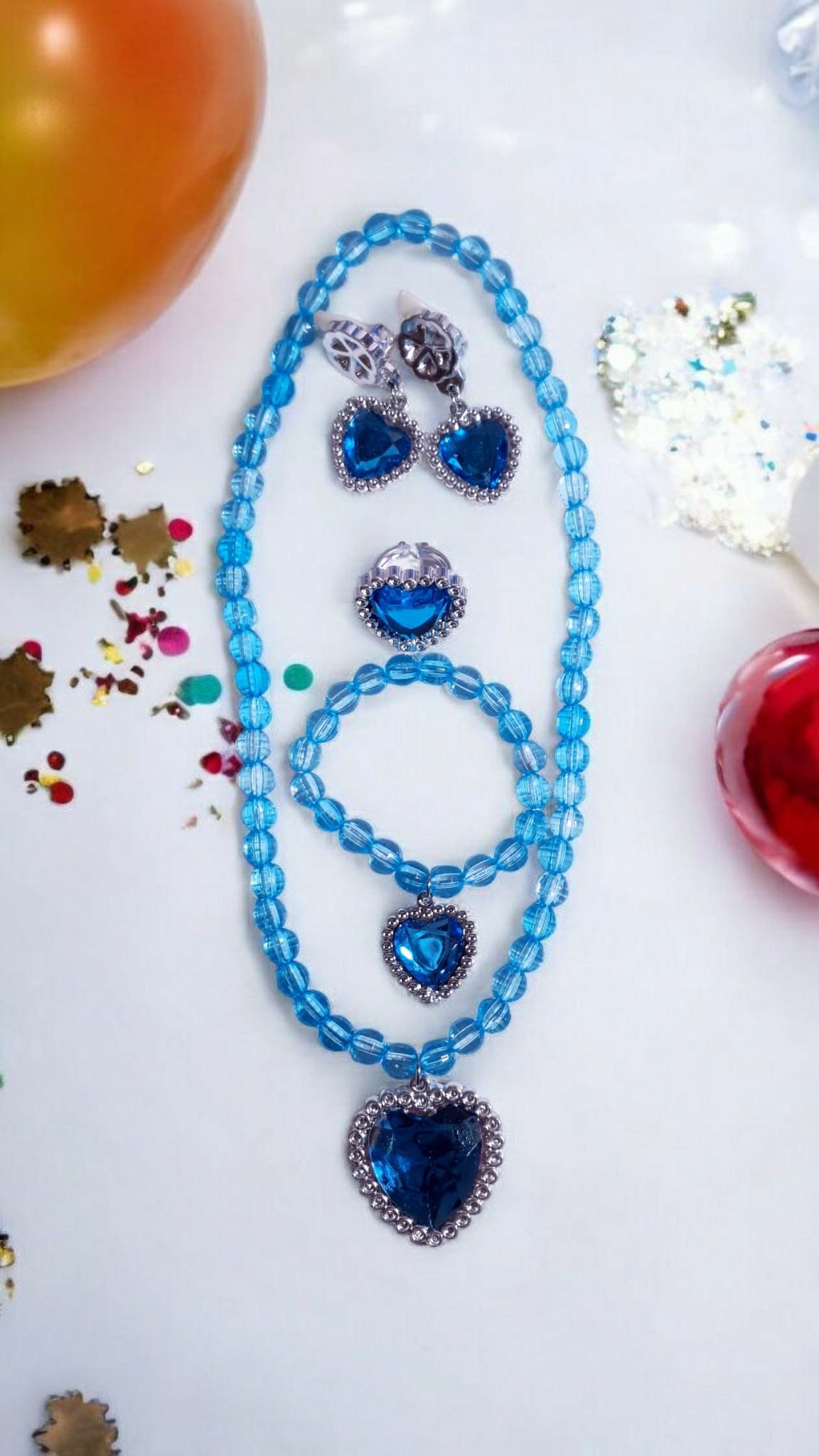 Blue Beaded Necklace & Bracelet Set, Clip on Earrings, Ring