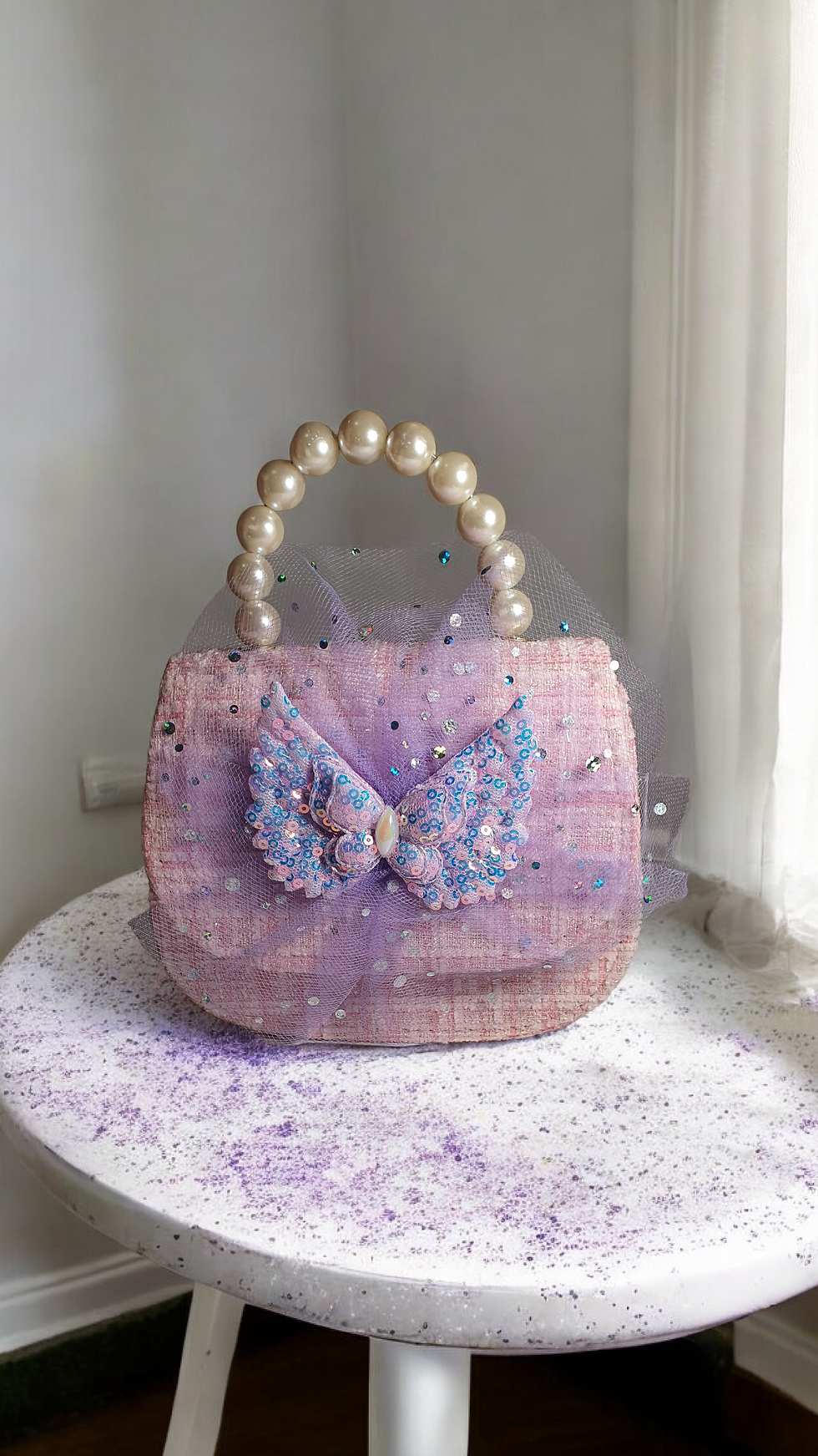 Thumbnail: Girls' Fabric Pearl Handbag, Cute Flip-Top Magnetic Closure, Bow Patch