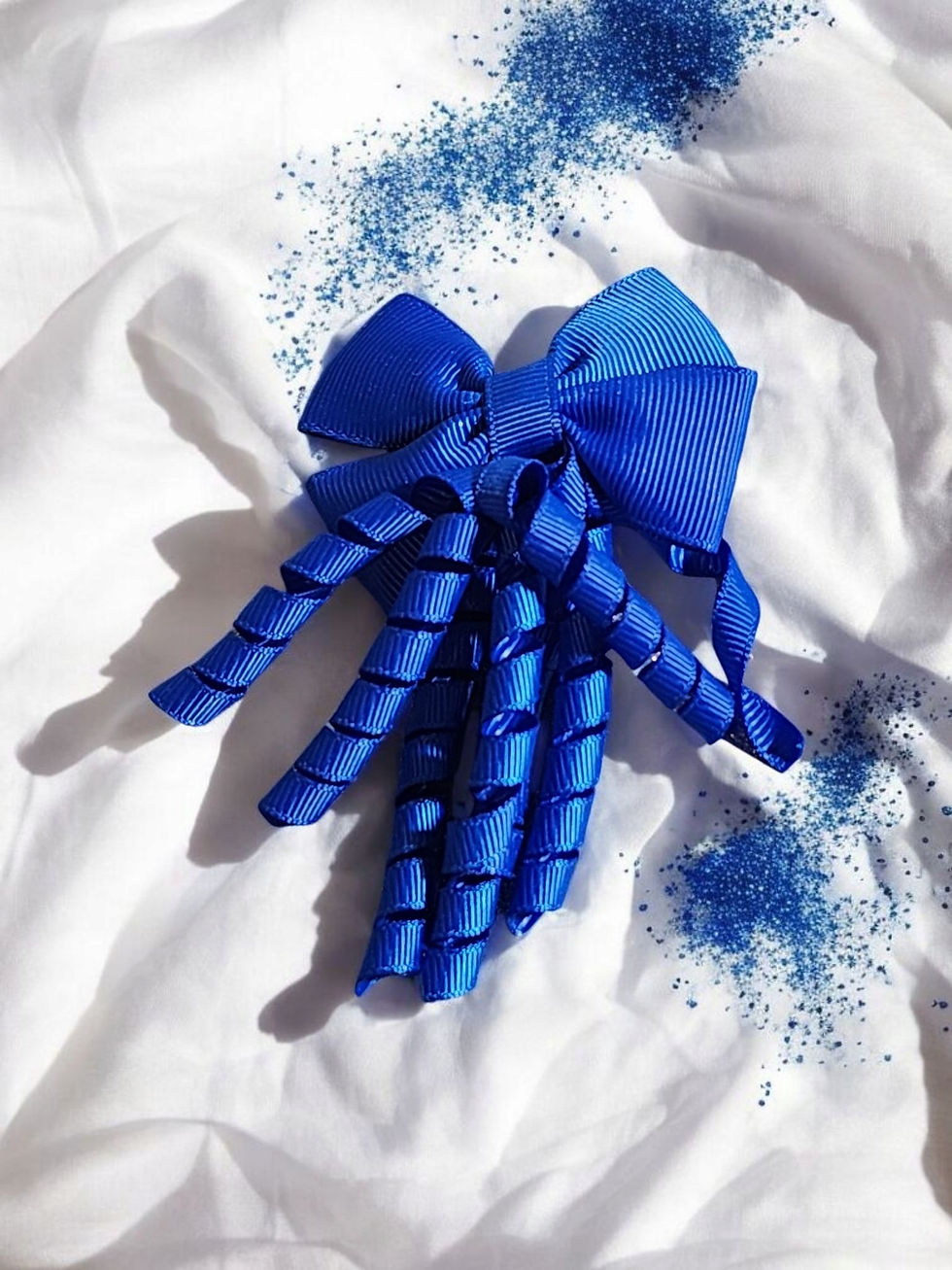 Thumbnail: Cute Kids Hair Clips Ribbon Bow Blue & Apricot