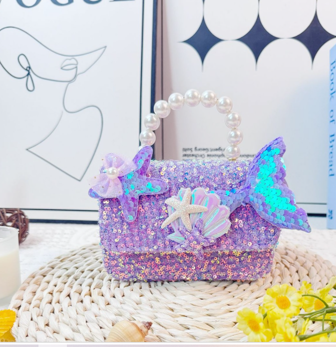 Thumbnail: Girls' Light Pink & Purple Sequin Handbag with Golden Chain Strap
