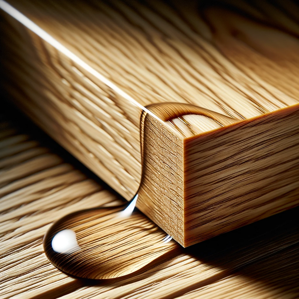A close-up image of a panel of oak wood treated with a water-based polyurethane finish. The image should emphasize the characteristics of water-based polyurethane on oak, showcasing its clear, natural sheen and the way it preserves and enhances the natural grain and color of the wood. The finish should appear smooth and even, reflecting a subtle luster that highlights the innate beauty of the oak without altering its natural hue.