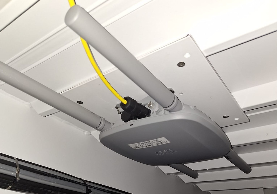Cisco 9100 WiFi 6E access point installed by Sat-Elite, providing high-speed, low-latency wireless connectivity for maritime networks and vessel communications