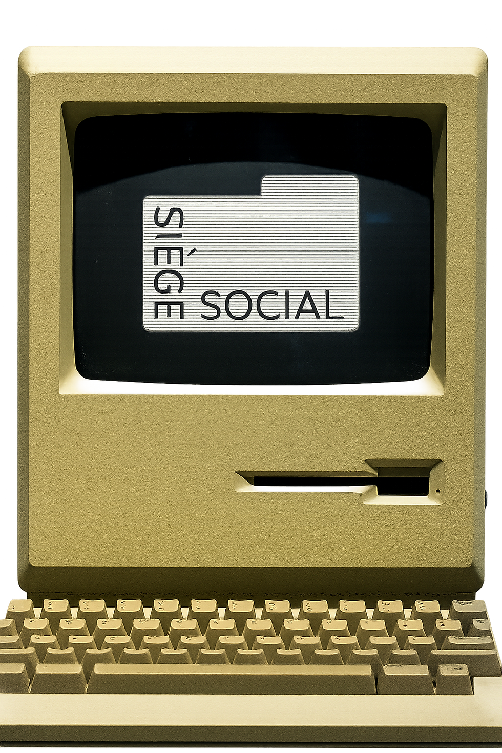 Ordinateur rétro avec le logo du Siège Social, symbole de l’univers visuel vintage du restaurant.