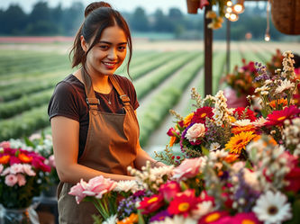 florist in filed of flowers at Market