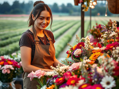florist in filed of flowers at Market