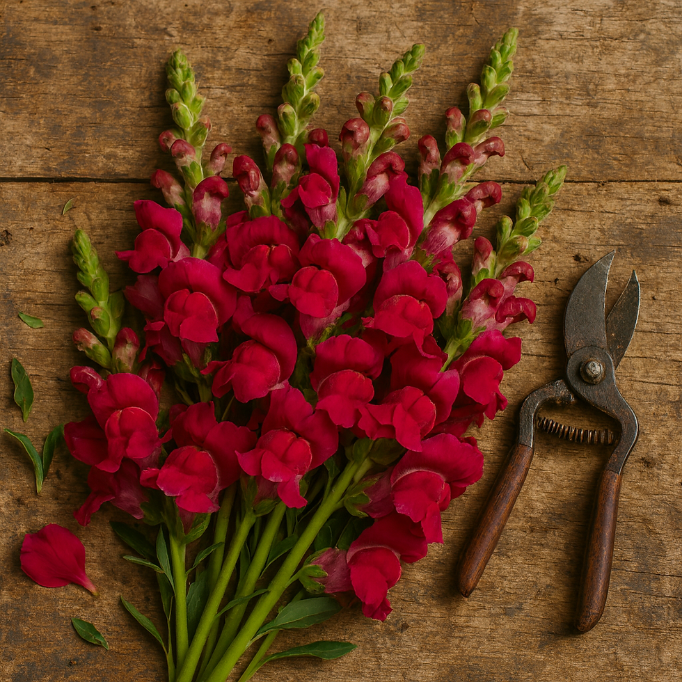 Antirrhinum majus ‘Avignon Deep Rose’ snapdragons freshly cut and resting on aged wooden boards