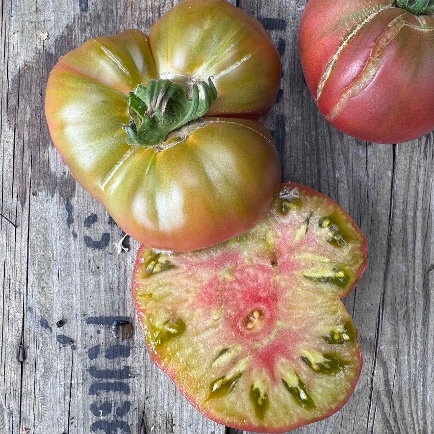 Tomato Ananas Noire’ – heirloom beefsteak with marbled green and purple skin.