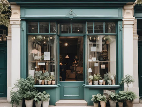 Flower shop doorway surrounded by pots