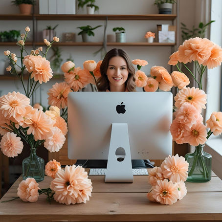 Florist infront of computer surrounded by peach flowers