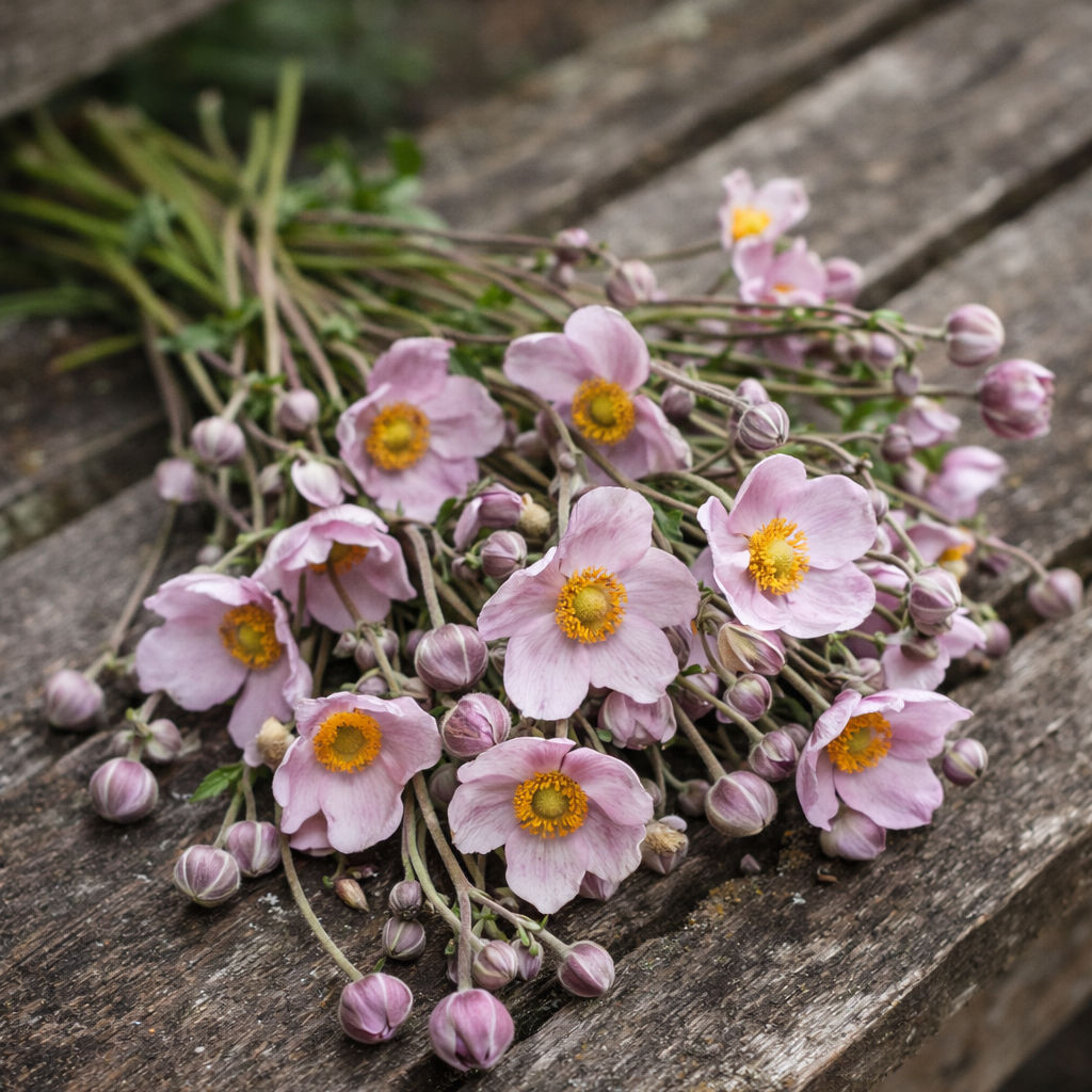 Freshly cut Anemone hupehensis Pink Saucer on rustic wooden bench, pink late-season cut flowers with long stems