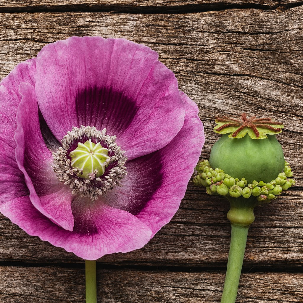 Heirloom poppy Papaver somniferum ‘Hens and Chickens’ with pink blooms and clustered seed pods in field.