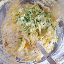 Mixing courgette cake ingredients 