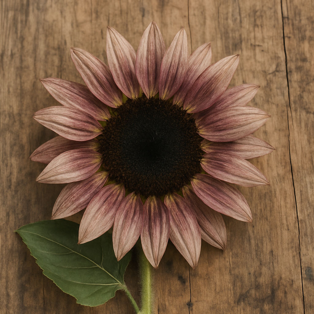 Cut Helianthus annuus ‘Pro Cut Plum’ stems on a rustic wooden table, showing layered petals and dark centres