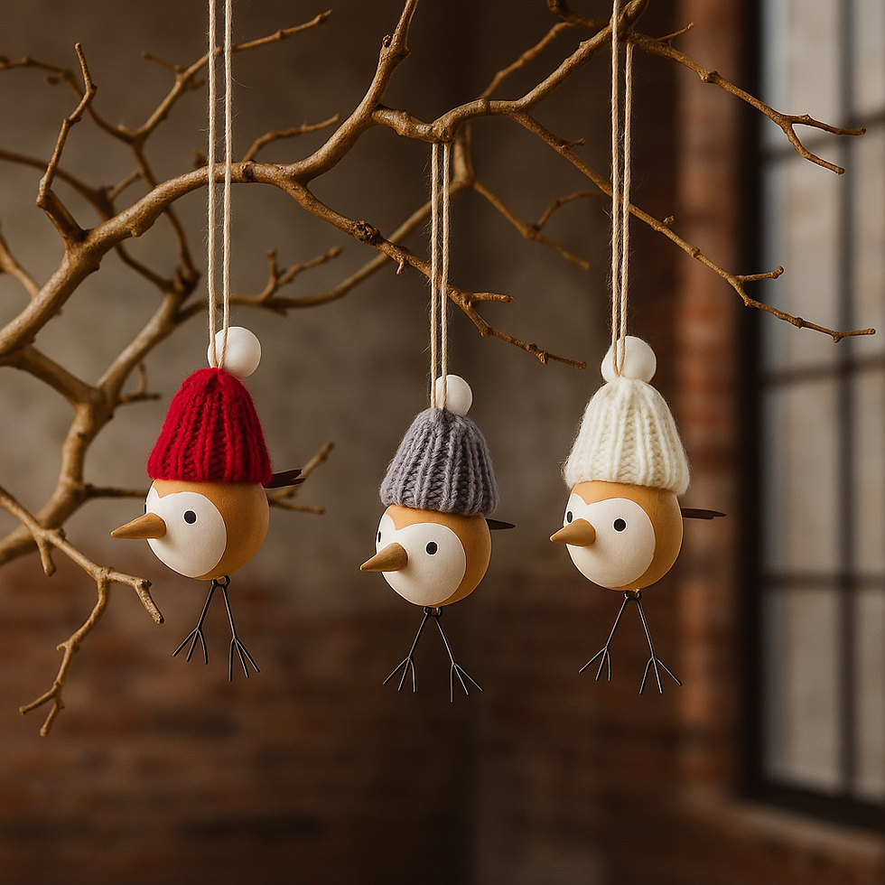 Birdies in hats decorations in tree