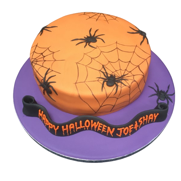 Bespoke Halloween cake with orange and black fondant pumpkins and spiderwebs, Solihull, West Midlands.