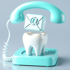 telephone icon, email icon, teeth float in an abstract image to signal dental appointment