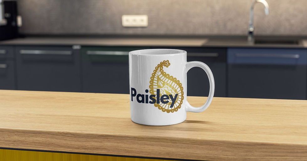Thumbnail: Sophisticated white cup featuring exquisite paisley-patterned writing and a gleaming gold logo, merging classic elegance with cultural charm for an unparalleled drinking experience