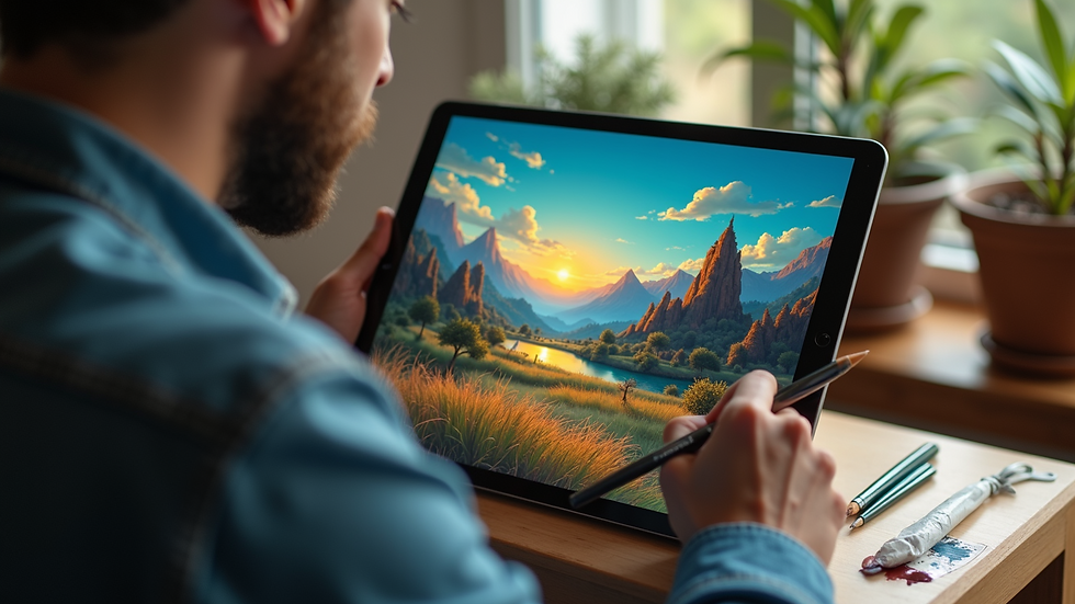Eye-level view of Joaquin painting a vibrant landscape on his digital tablet