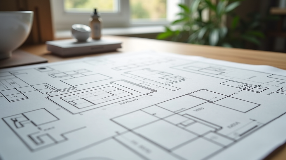 Eye-level view of a modern bathroom layout plan on a table