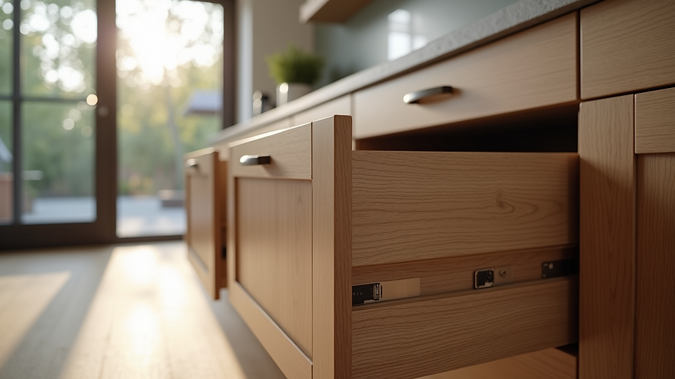 Close-up view of pull-out kitchen drawers with organized storage