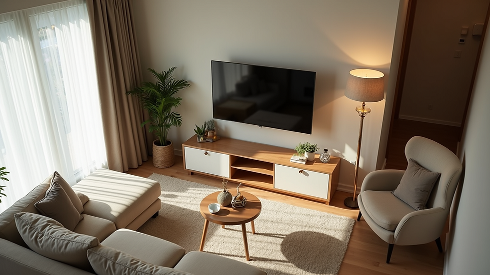 High angle view of a small living room with compact furniture arranged to maximize space