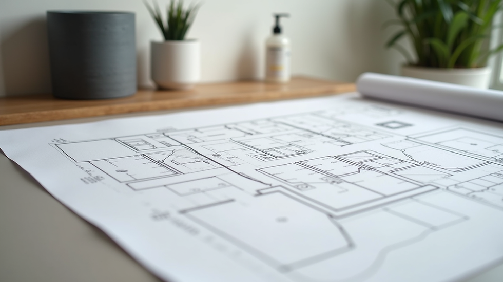 Eye-level view of a modern bathroom layout plan on a table