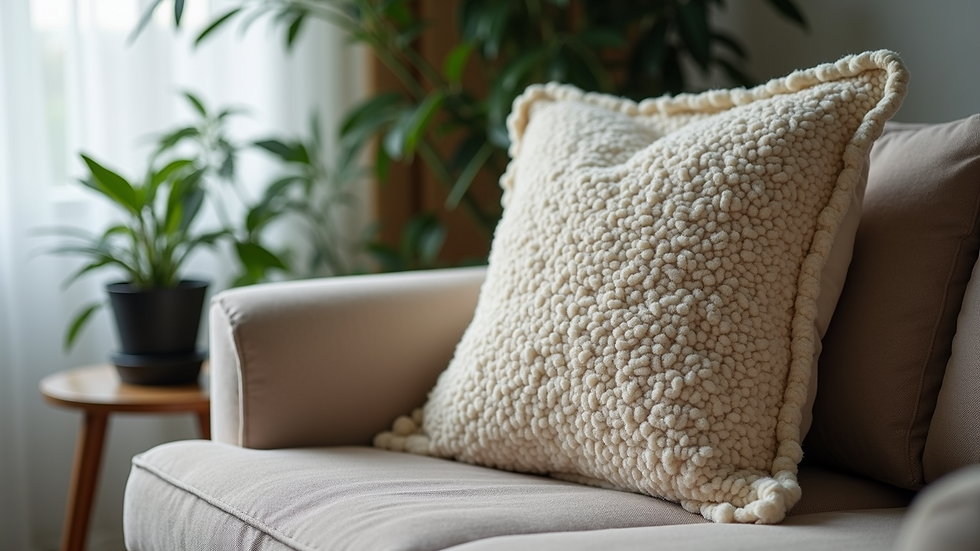 Close-up view of a textured throw pillow on a sofa