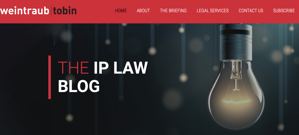 Photo of home page of Weintraub Tobin Intellectual Property Law Blog: Large lightbulb over a dark field with blurry small lights visible